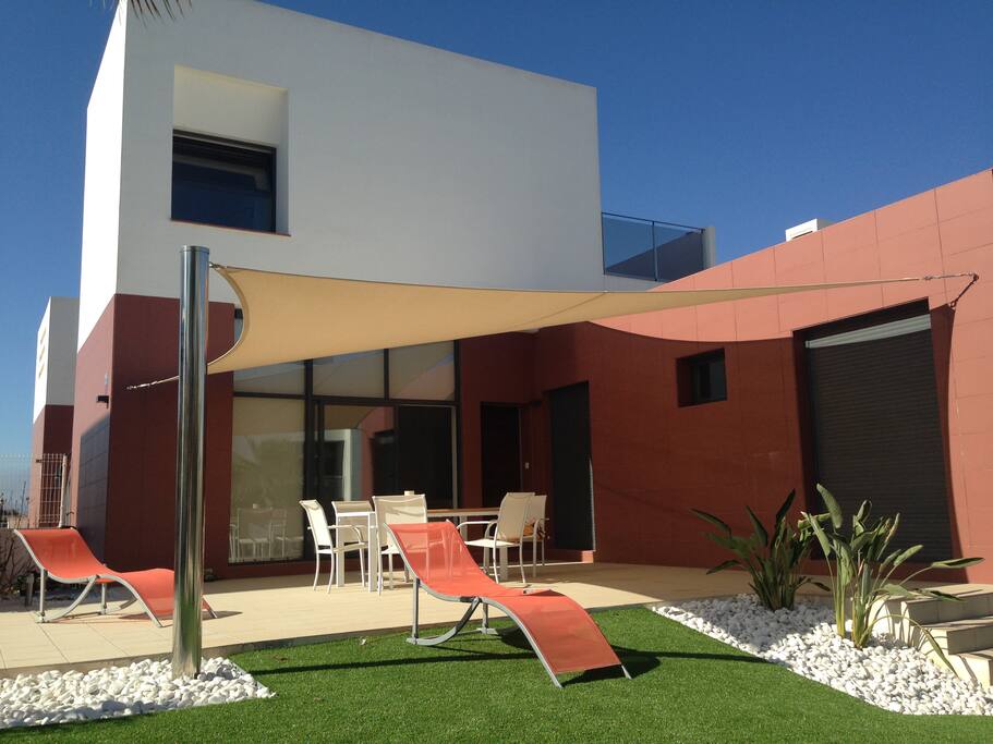 Front view of the villa and terrace