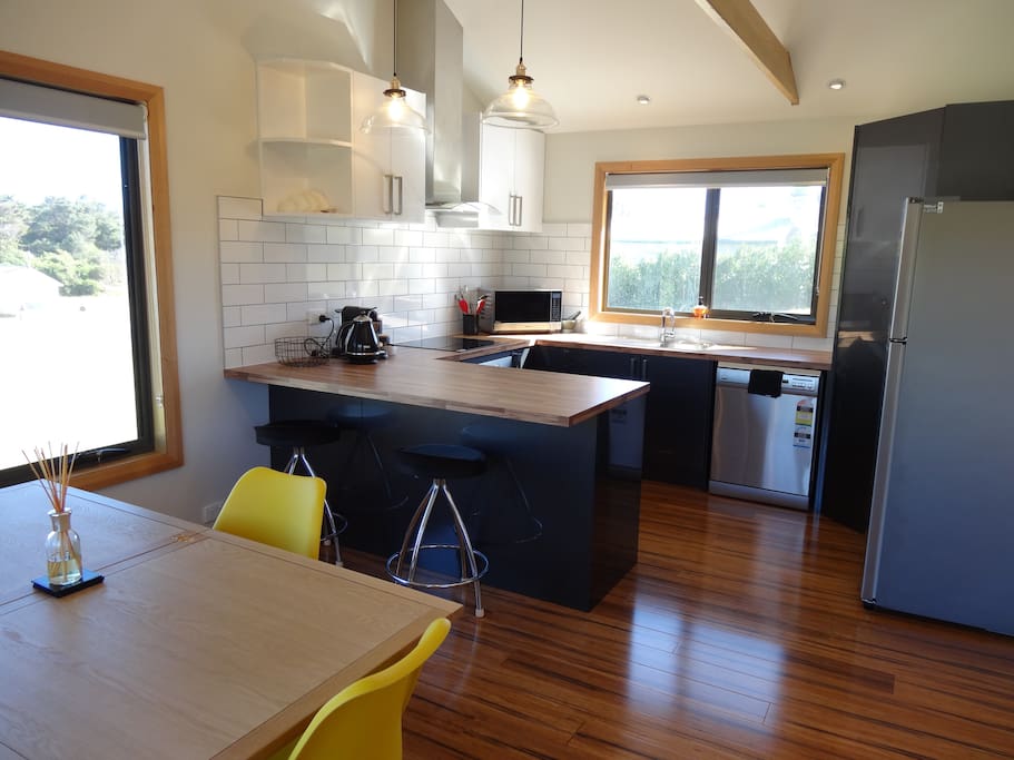 Colour and light filled open plan living/dining and kitchen.