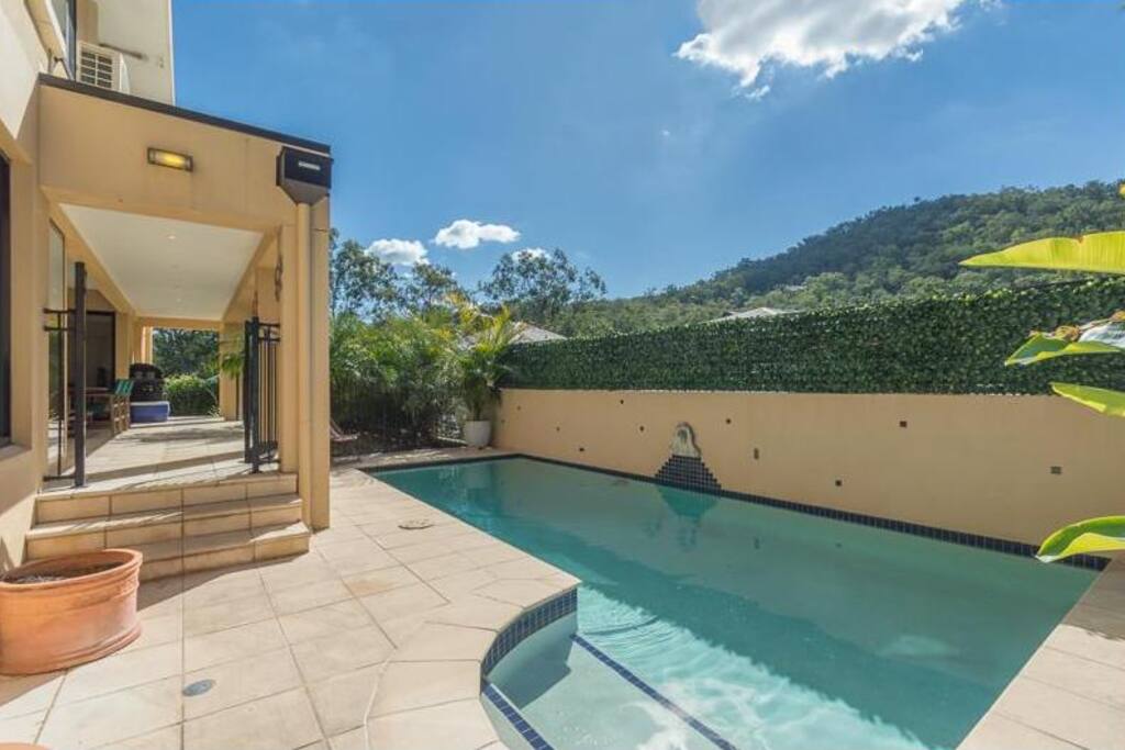 Back yard with salted water swimming pool
