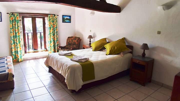 Amplia habitación familiar, incluye sofá cama para 2 personas, ropa de cama, toallas, ventilador de pie, mosquiteros y persianas. 
Vista al jardín.