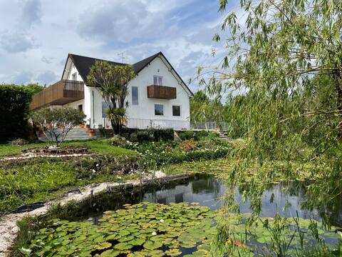 Villa, swimming pool, natural lake, forest, and AC