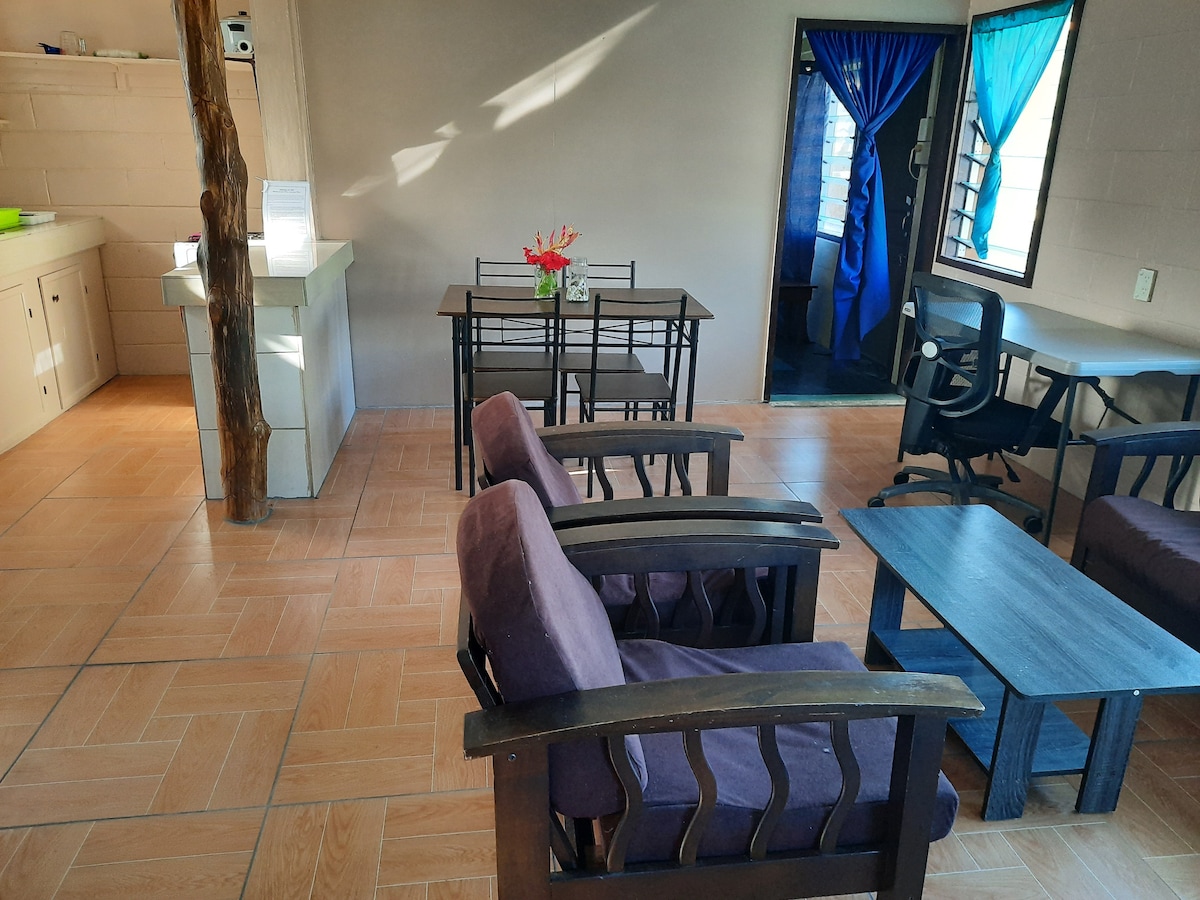 A comfortable living space is presented with a dining table set for four and a small workspace. Two armchairs and two low tables create a relaxed seating area. Bright blue curtains frame the windows, while a vase of flowers adds a touch of color to the space.