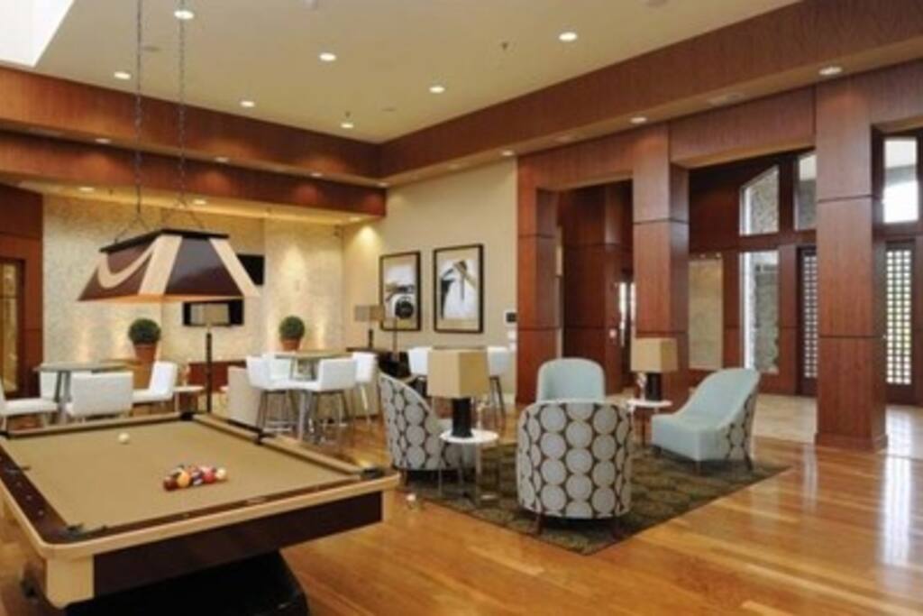 Inside clubhouse: TV, computers, and pool table. There is complementary hot tea and coffee.