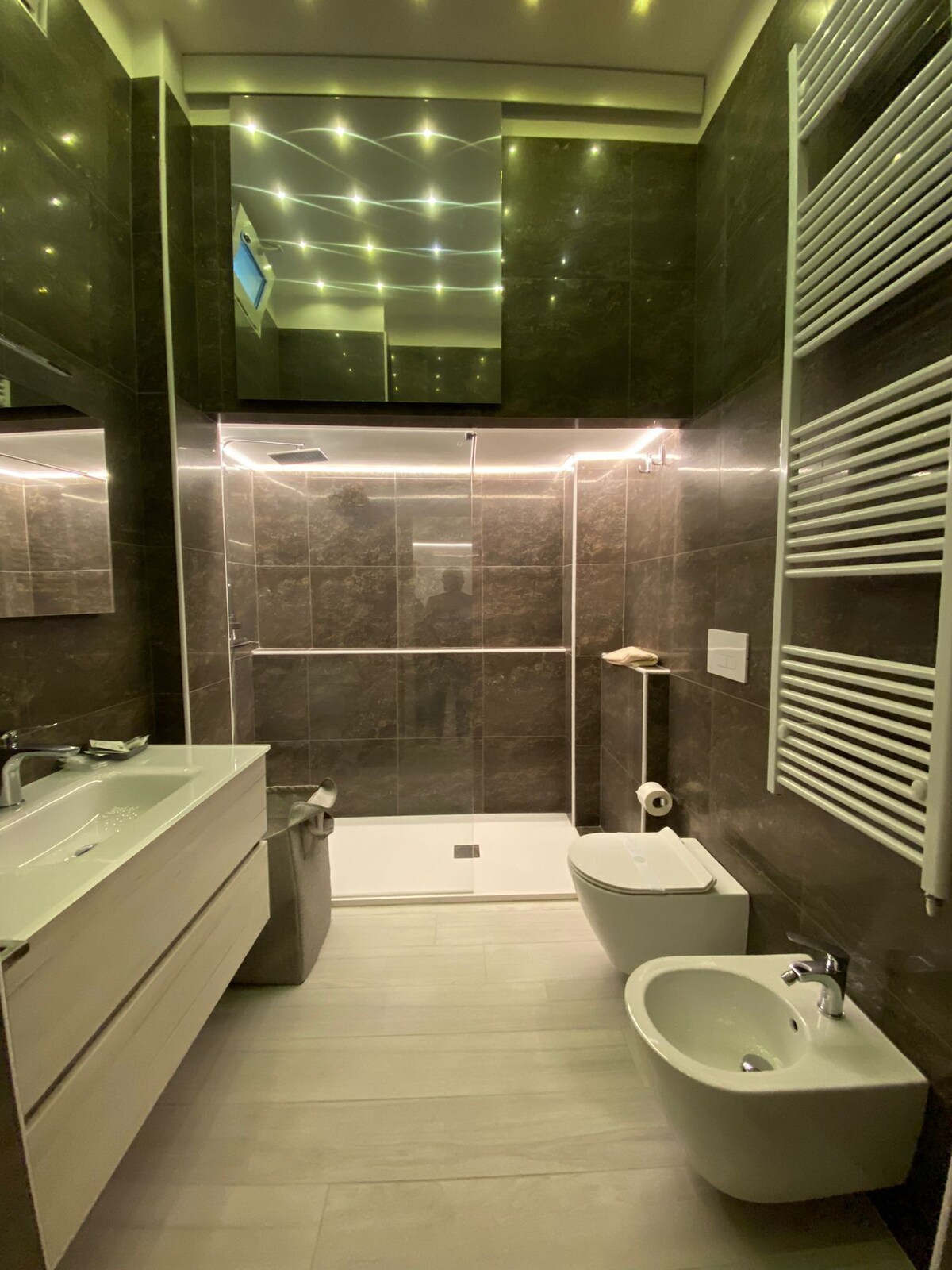 The bathroom features dark tiled walls, integrated lighting, and a spacious glass shower with a rain showerhead. A modern vanity with storage is complemented by a mirror above. A bidet and toilet are also present, ensuring a functional and comfortable space.