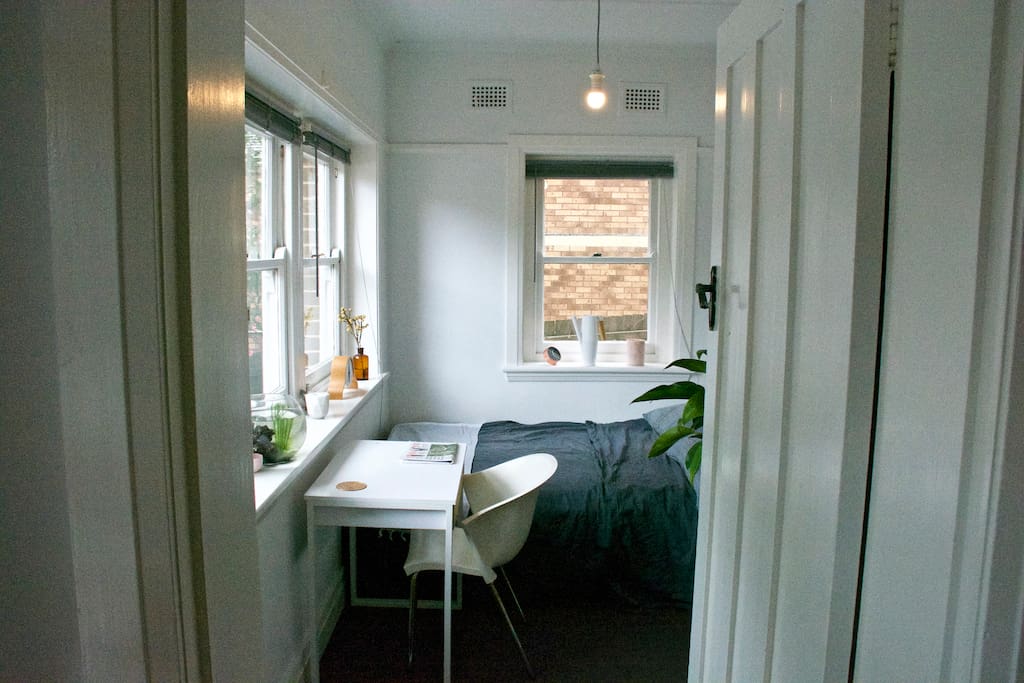 Your room: desk, double bed for two or one and a cupboard for hanging clothes.