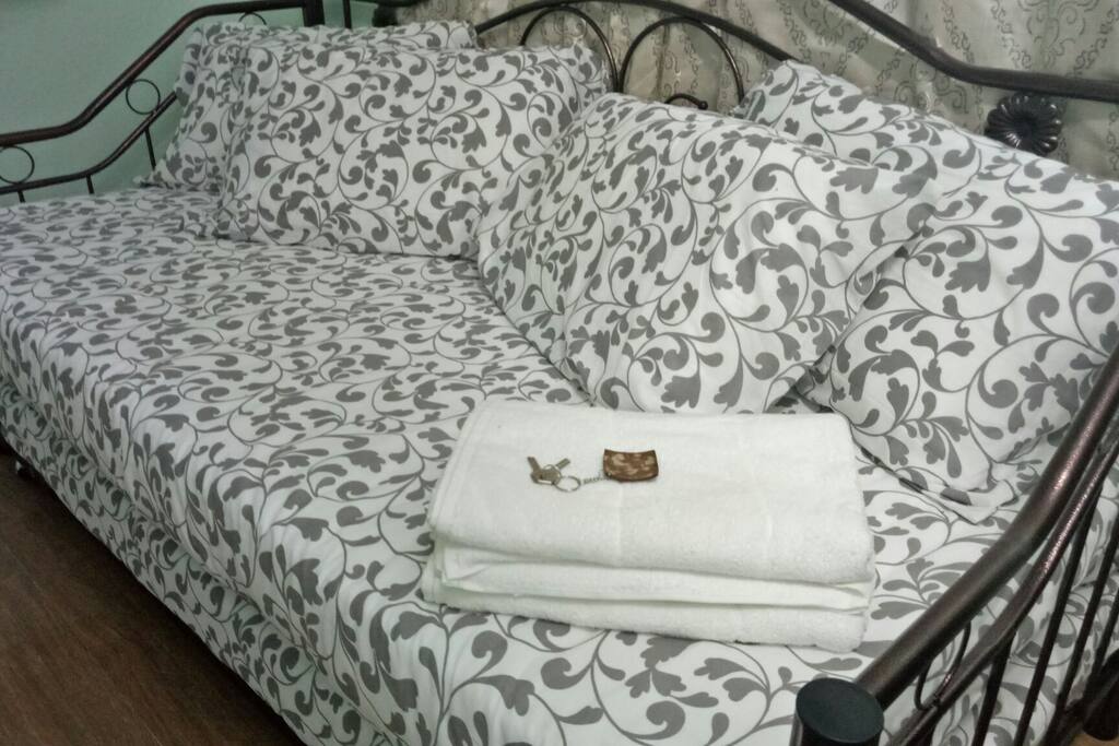Daybed with pullout that could double as extra beds for extra guests.
