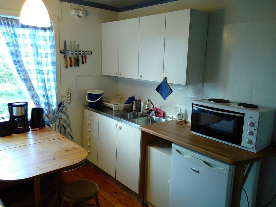 Köket med kylskåp, bänkspis och micro.