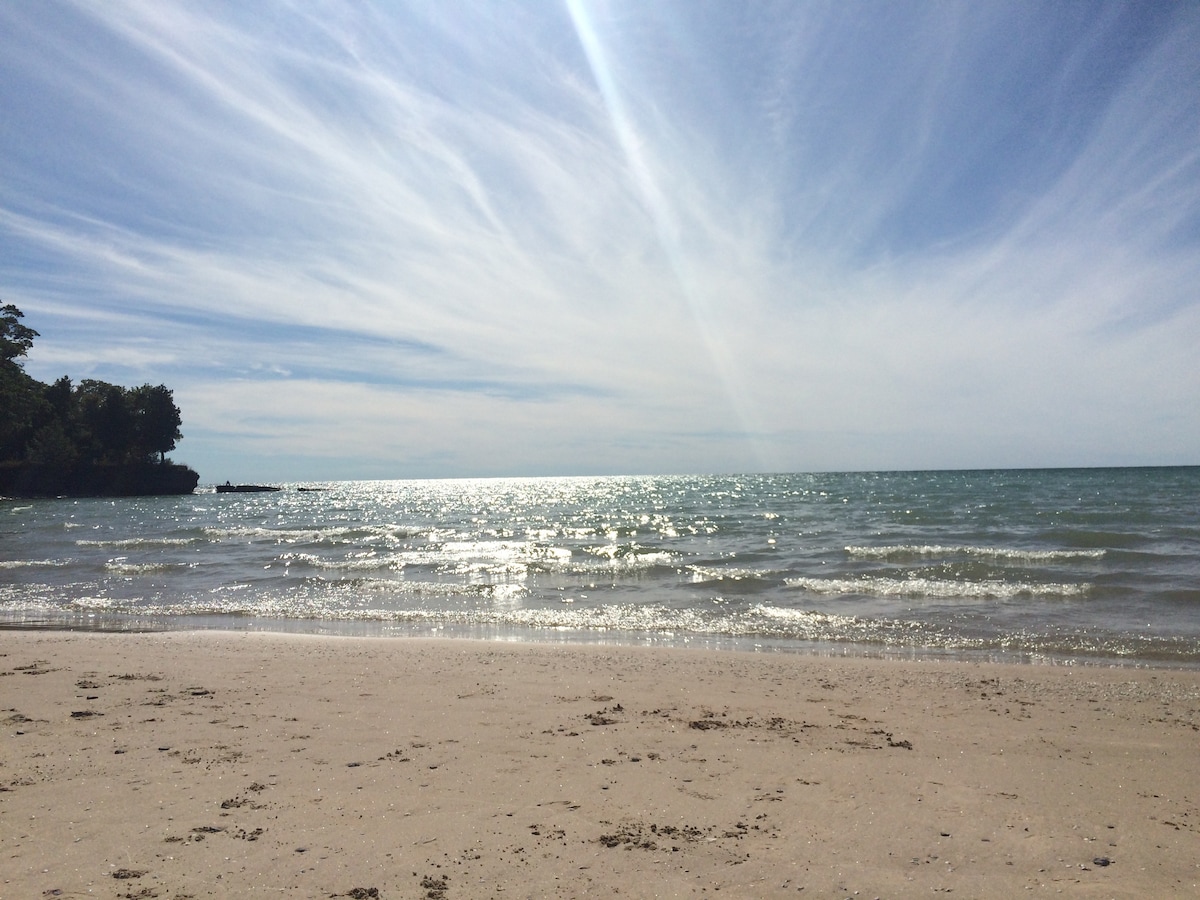 A serene beach scene captures gentle waves lapping against a sandy shoreline under a bright sky. The sunlight reflects off the water, creating a shimmering effect. Lush greenery frames the beach, providing a natural contrast to the expansive blue and sandy hues.