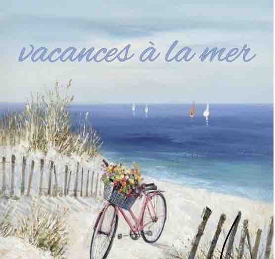 A serene seaside landscape is depicted, featuring a sandy path leading to calm waters under a clear sky. A pink bicycle adorned with flowers stands on the shore, while sailboats are visible in the distance. The scene evokes a relaxed coastal ambiance.