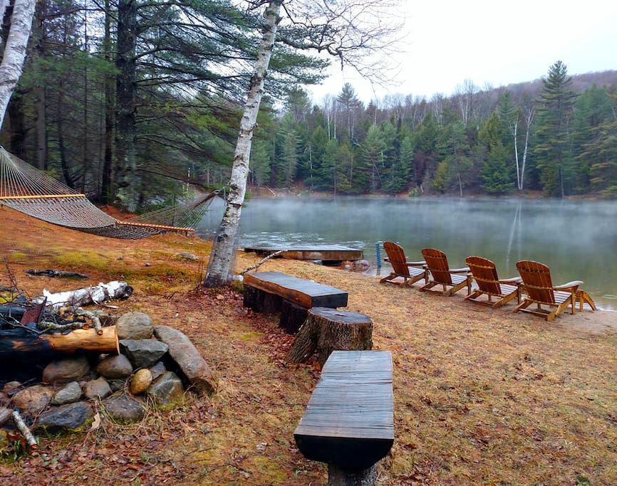 For your use- fire pit, hammock, adirondack chairs, pond