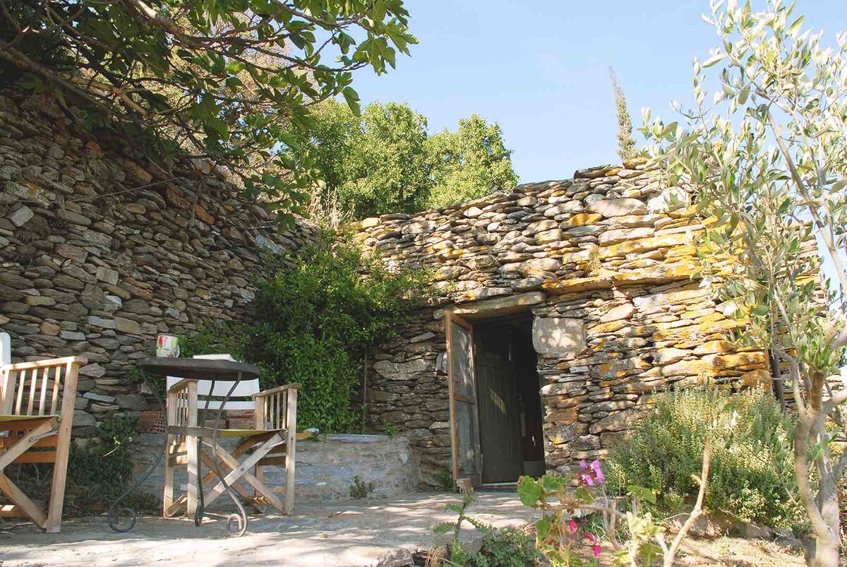 The exterior of the stone house showcases a rustic design, with weathered stone walls and a wooden door. A small patio area is visible, featuring a table and two folding chairs surrounded by greenery and flowering plants, set against a clear blue sky.