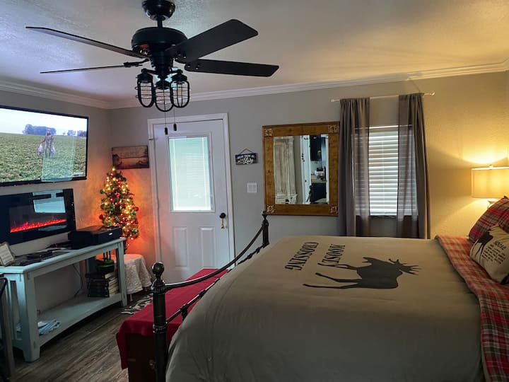 Cozy ! King bed. Open floor plan.  Recently added X-Large Picture Window with room darkening curtains. 