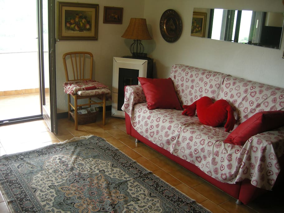 Upstairs: sofa bed & pellet stove