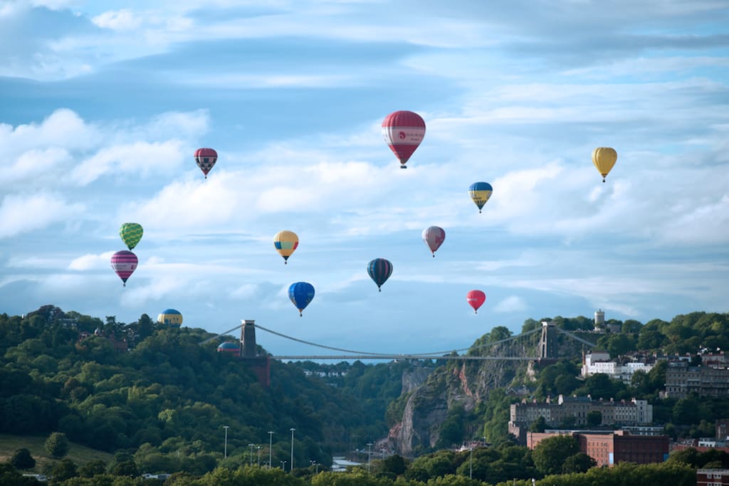 The famous Clifton Suspension Bridge and Bristol's famous balloons