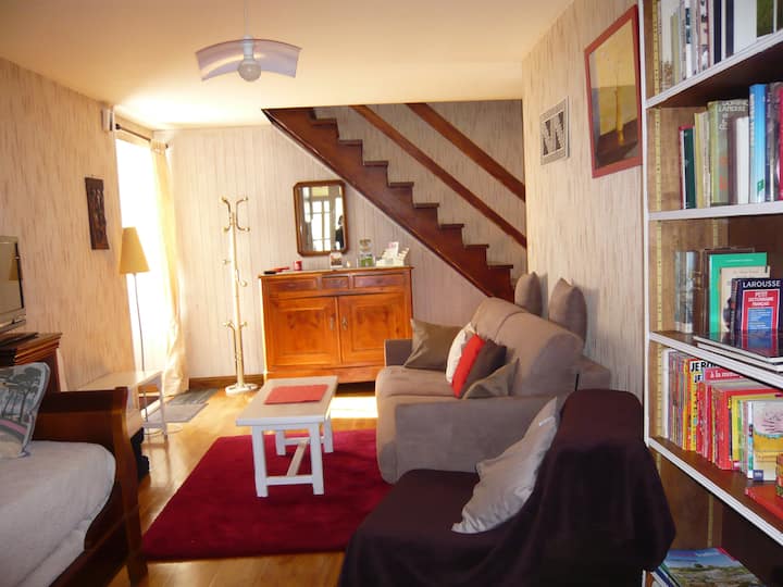 غرفة معيشة مع سرير أريكة أمام المكتبة