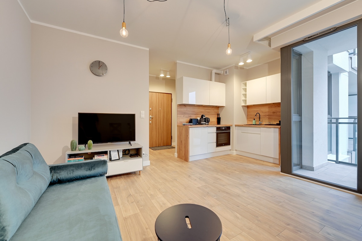 An open living area features a comfortable teal sofa and a minimalist coffee table. The kitchen is equipped with modern appliances and cabinetry. Large glass doors lead to a balcony, allowing natural light to fill the space. A wall clock is mounted above the TV for convenience.