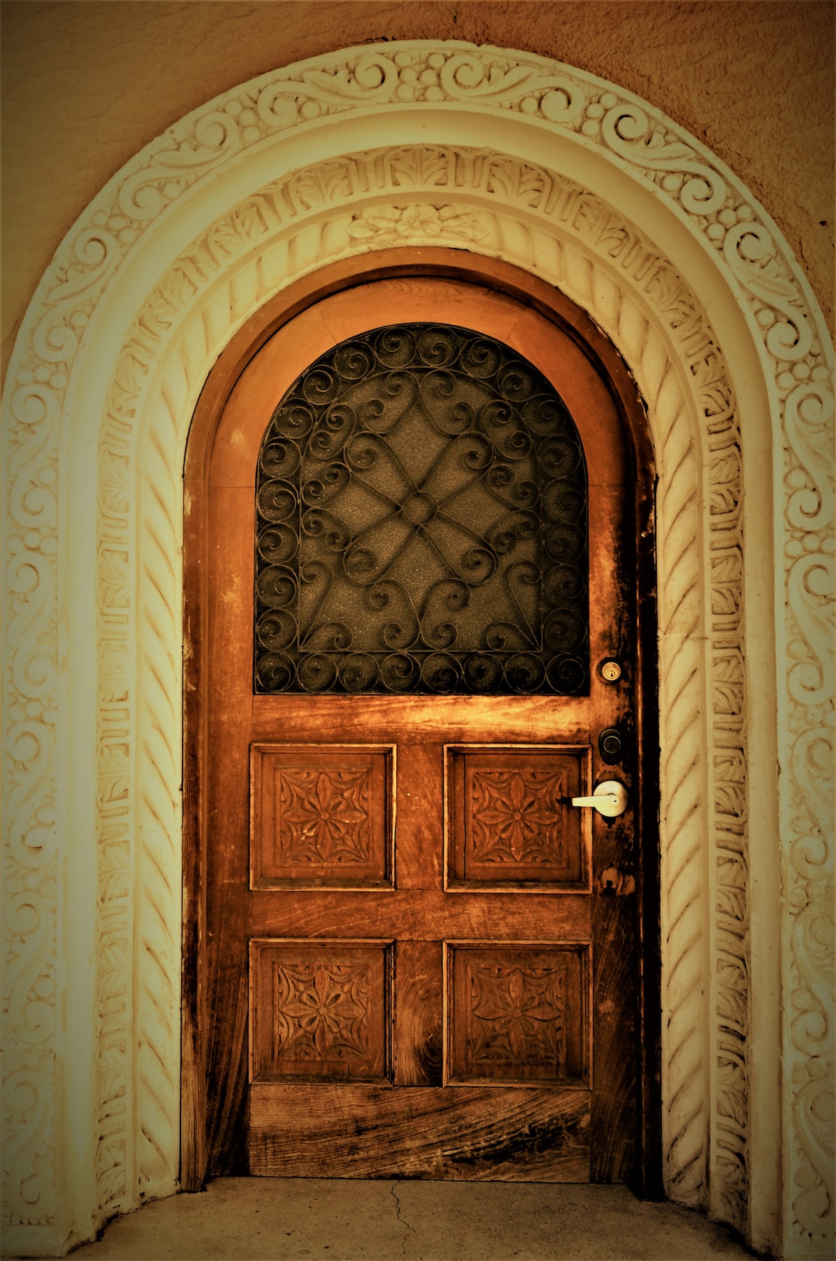 An intricately carved wooden door is set within a beautifully detailed archway. Decorative patterns are present on both the door and the surrounding frame, showcasing craftsmanship. A wrought iron grill adds texture while providing a layer of security over the door's glass panel.