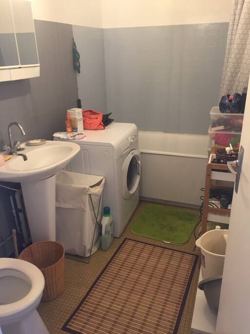 salle de bain avec lave-linge et baignoire