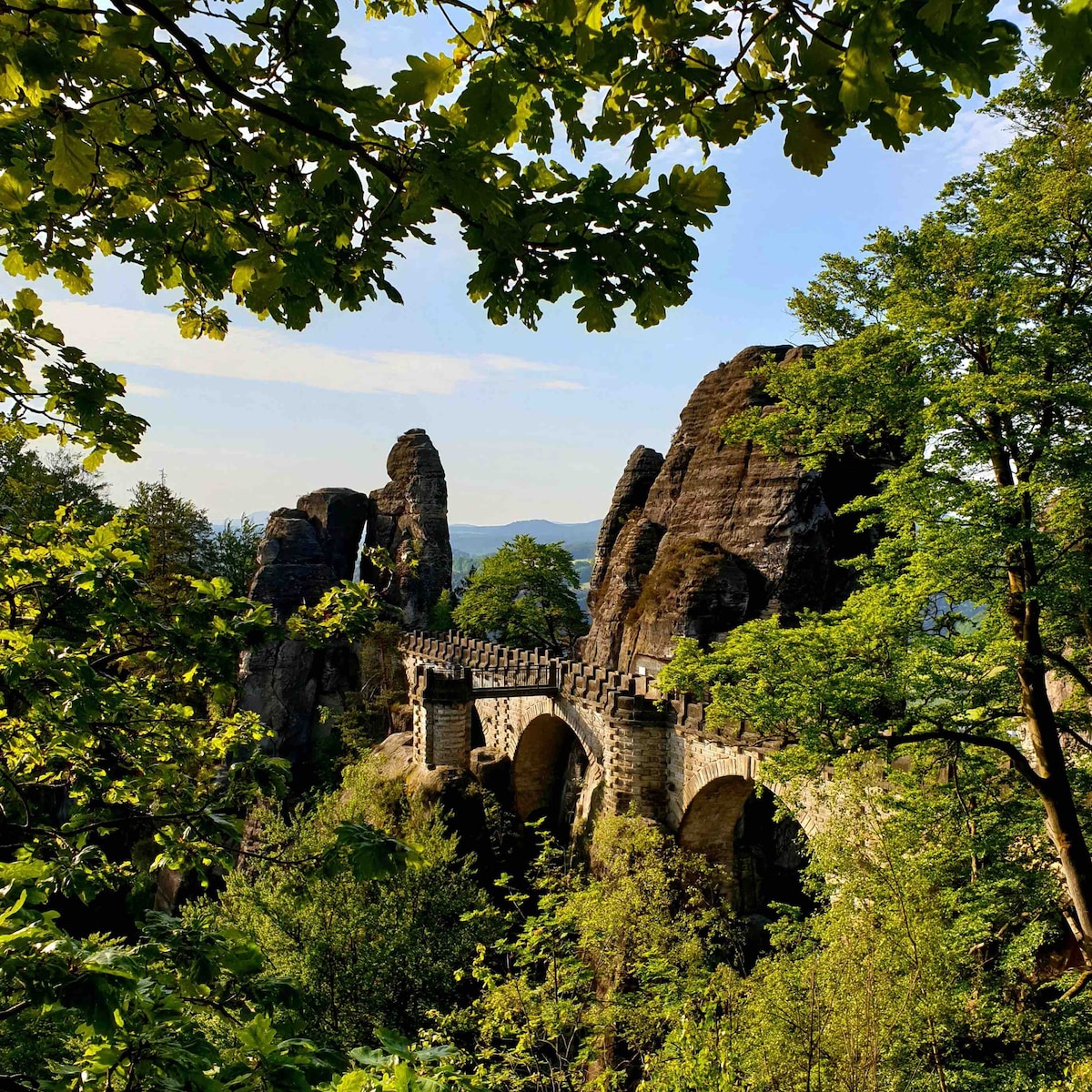 A stone bridge arches gracefully over lush greenery and rocky formations, surrounded by towering trees. The scene depicts a blend of nature and architecture, with distant hills visible under a clear sky.