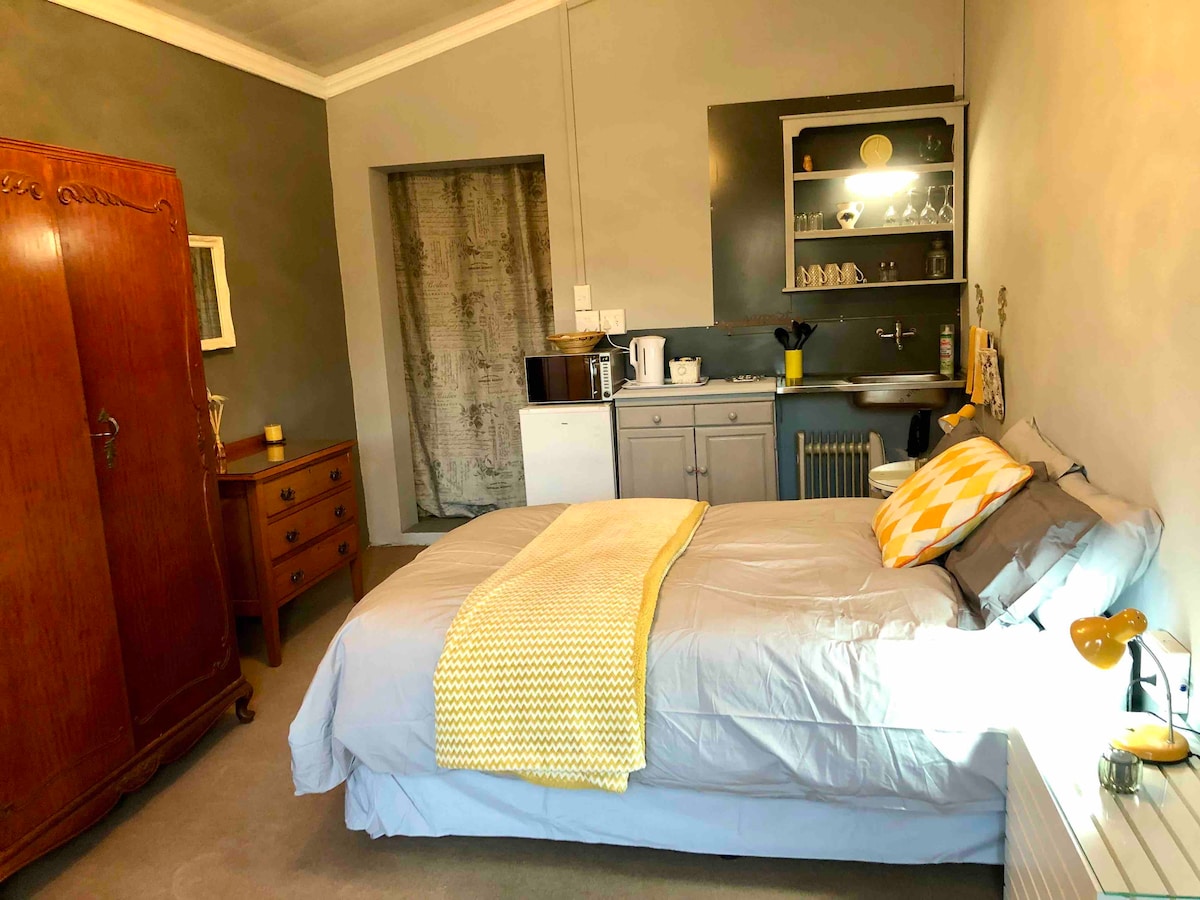 A cozy sleeping area features a spacious bed dressed in light gray linens, accented by a yellow throw. A vintage wooden wardrobe and dresser are visible, along with a compact kitchenette equipped with essential appliances. Natural light illuminates the room, enhancing its welcoming ambiance.