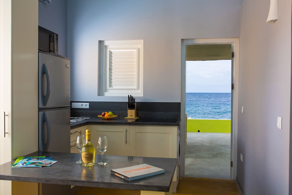 Kitchen looking at the Caribbean Sea