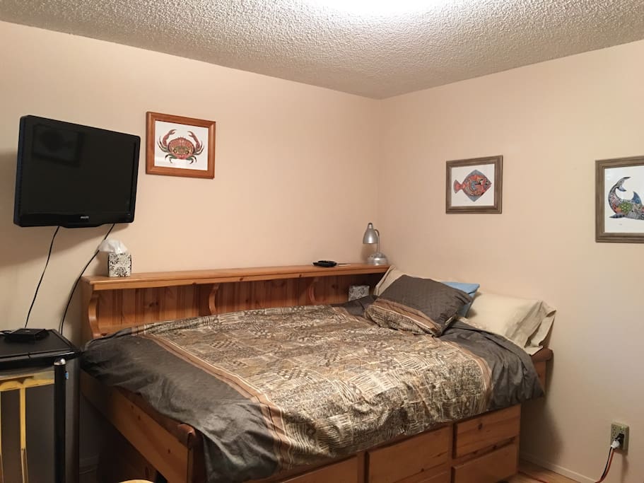 Super single size Captain's bed with a bar table/chairs, small fridge, cable tv, wireless, coffee machine. Microwave just outside the door