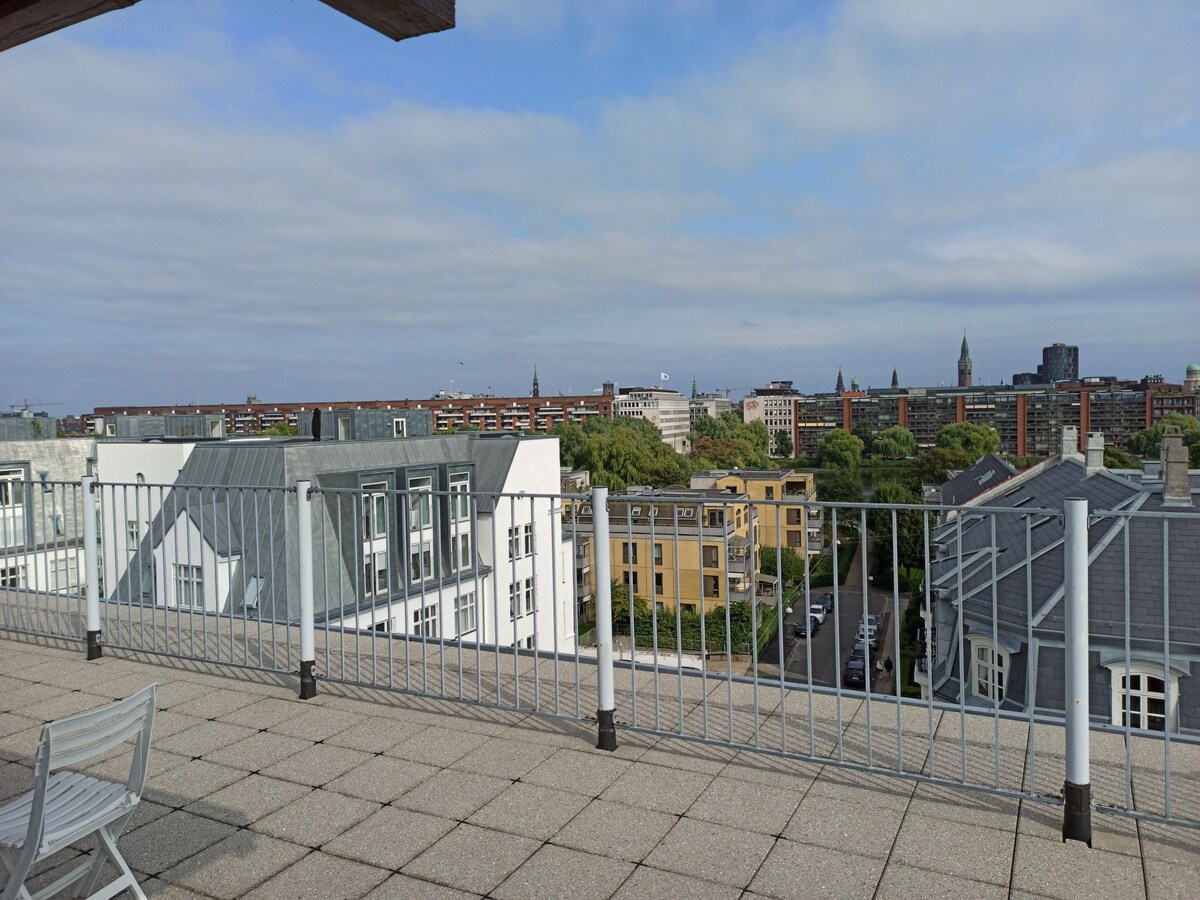 A shared rooftop area features a clear view over the surrounding cityscape, showcasing various buildings and green spaces. A low railing provides safety while still offering an unobstructed perspective of the skyline and nearby architecture under a bright sky.