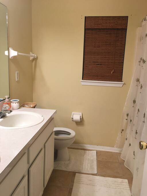 Bathroom with shower/tub combo is shared by guests.