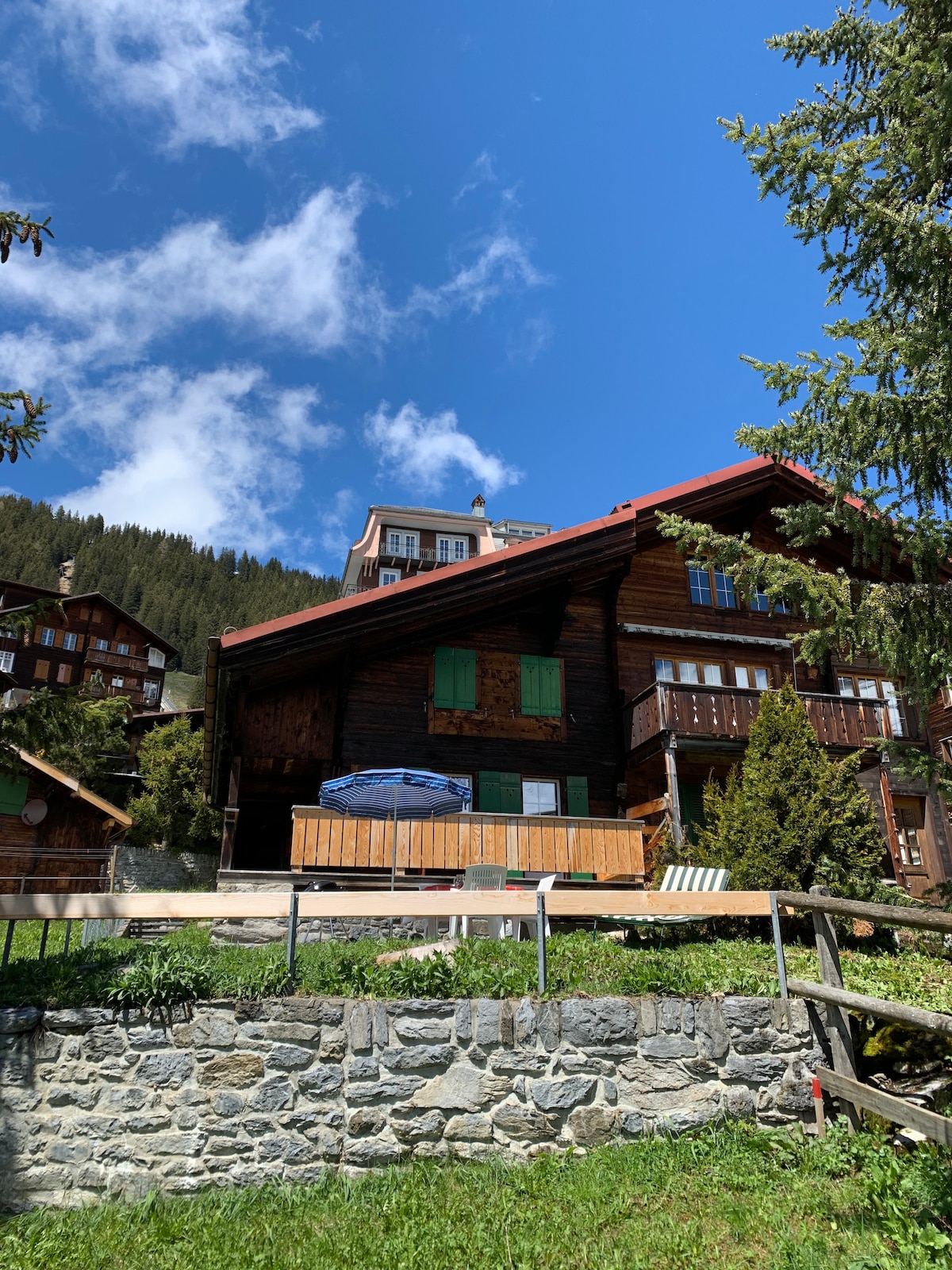 The charming wooden chalet is nestled among the greenery, featuring a spacious terrace and a stone wall in the foreground. Blue sky and scattered clouds create a serene backdrop, while trees surround the property, contributing to the natural ambiance.