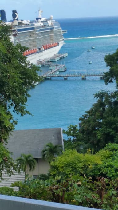 A view a cruise ship in harbor from the first floor gazebo