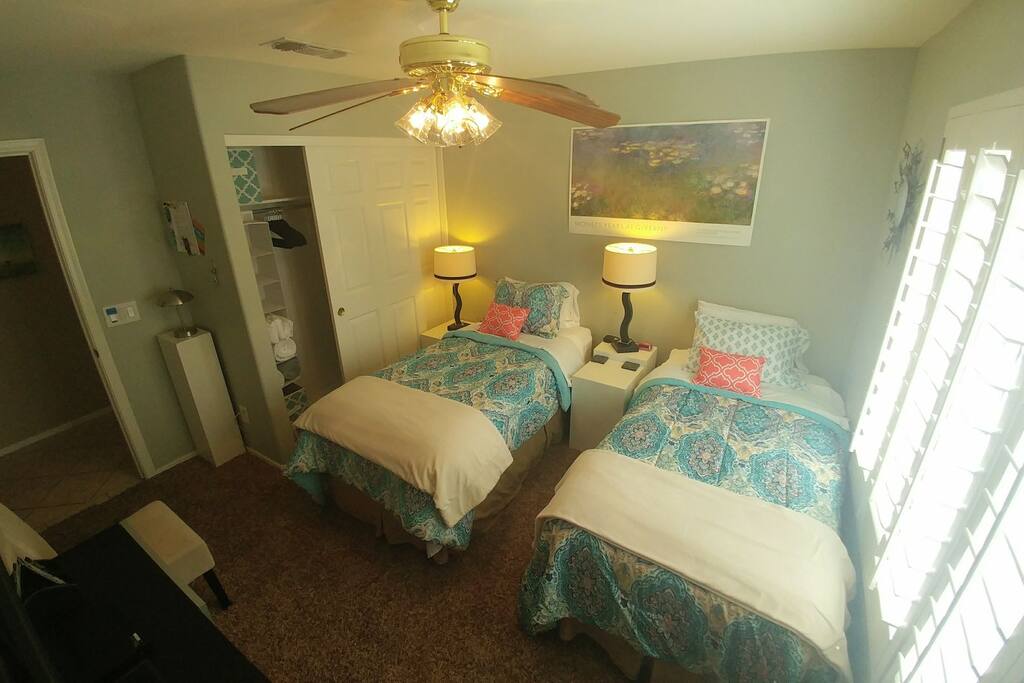 Plenty of empty closet space and shelves. Fluffy white towels. Soft bed sheets.