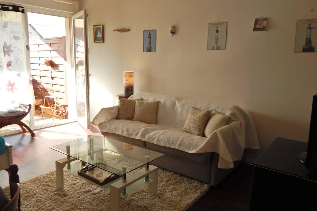 Le coin salon, avec son canapé convertible, donne directement sur une petite terrasse privative.