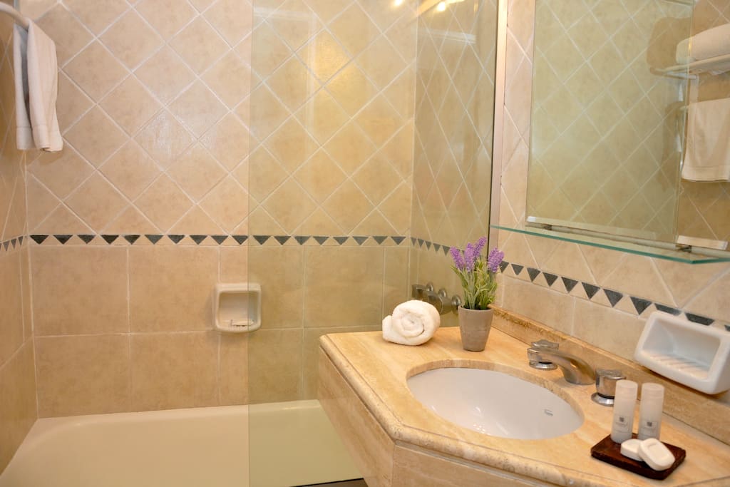 Bañadera con mampara de vidrio, secador de cabello y amenities