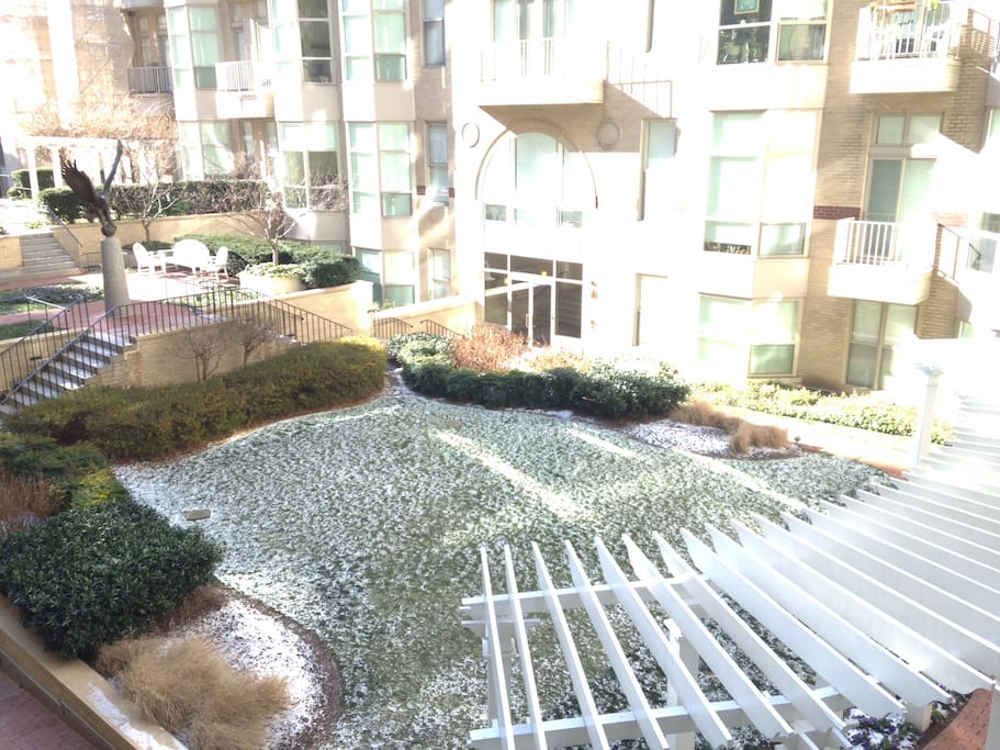 Apartment has nice porch with a bistro table for having coffee in the morning overlooking the Courtyard.