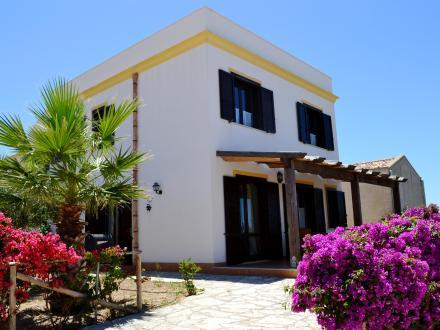 The two-story villa is surrounded by vibrant bougainvillea and palm trees, creating a welcoming entrance. The building features large windows and a covered porch, providing shaded outdoor seating. The bright white exterior contrasts beautifully with the lush greenery.