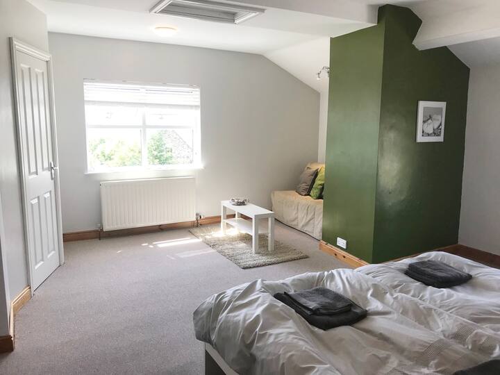 Chumba cha kulala cha kiwango cha juu kilicho na sofa na meza ya kahawa