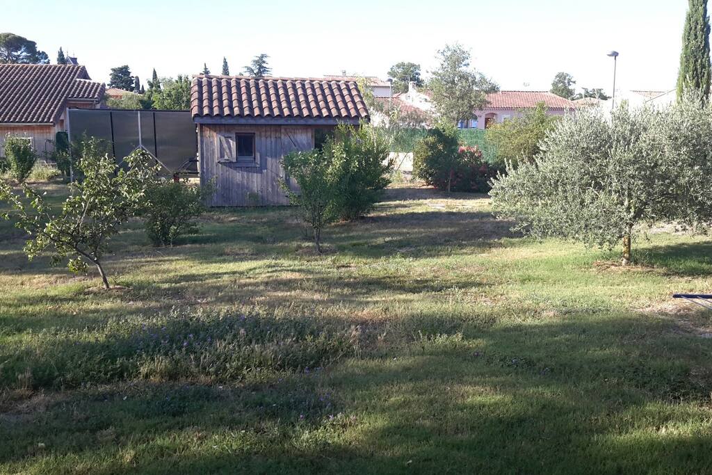 vue de terrasse (le bungalow est mon cabinet de psychologue)