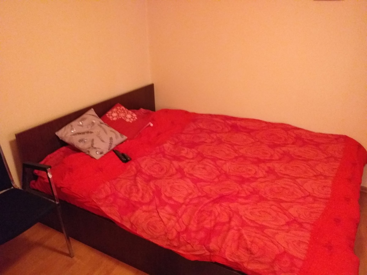 A spacious bed is dressed in a red, patterned coverlet and complemented by a variety of decorative pillows. A simple chair is positioned nearby, enhancing the room's functionality. The walls are painted in a neutral hue, contributing to a serene atmosphere.