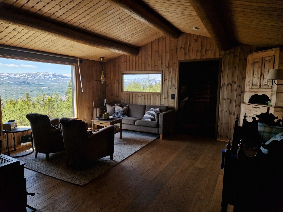 A welcoming living area is featured, with a comfortable sofa and two armchairs arranged on a plush area rug. Large windows provide scenic views of the surrounding landscape, and warm wooden beams run across the ceiling, enhancing the space's cozy ambiance.