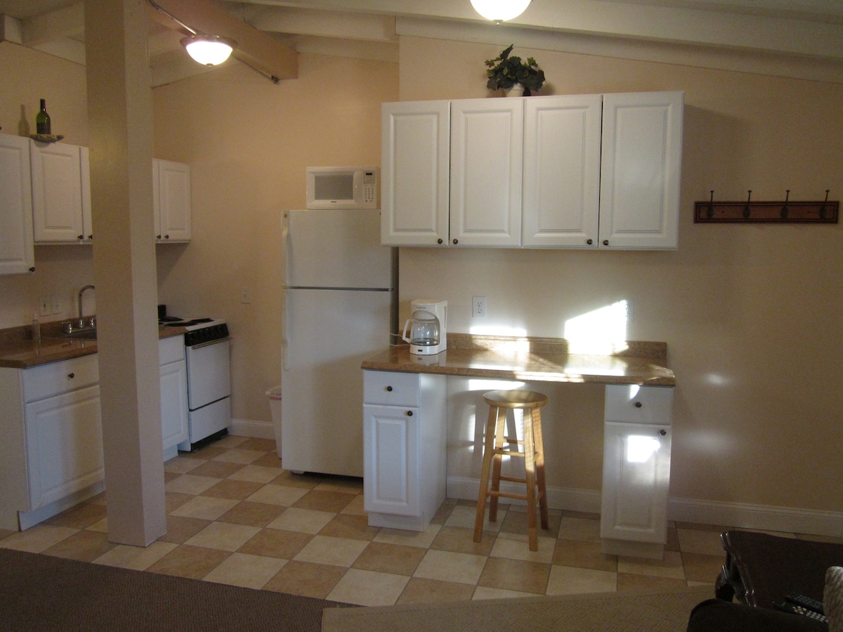 The kitchen area features white cabinetry and a light-colored countertop. A compact round stool is positioned at a small counter space, while a refrigerator, microwave, and stove are visible. Sunlight streams in from a window, illuminating the tiled floor in a checkerboard pattern.