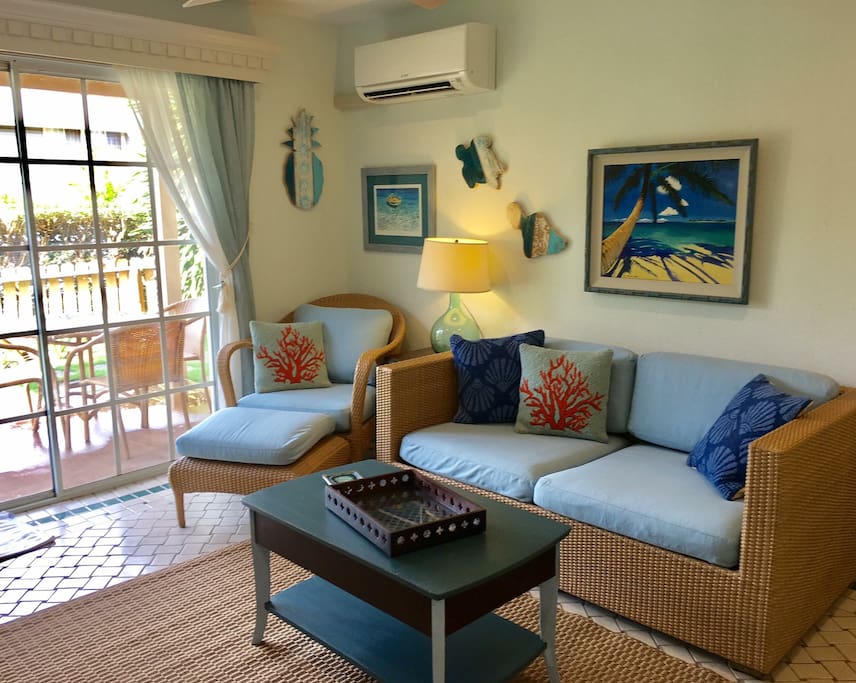 Living room, couch turns into pull out bed. Brand new high-efficiency air conditioners