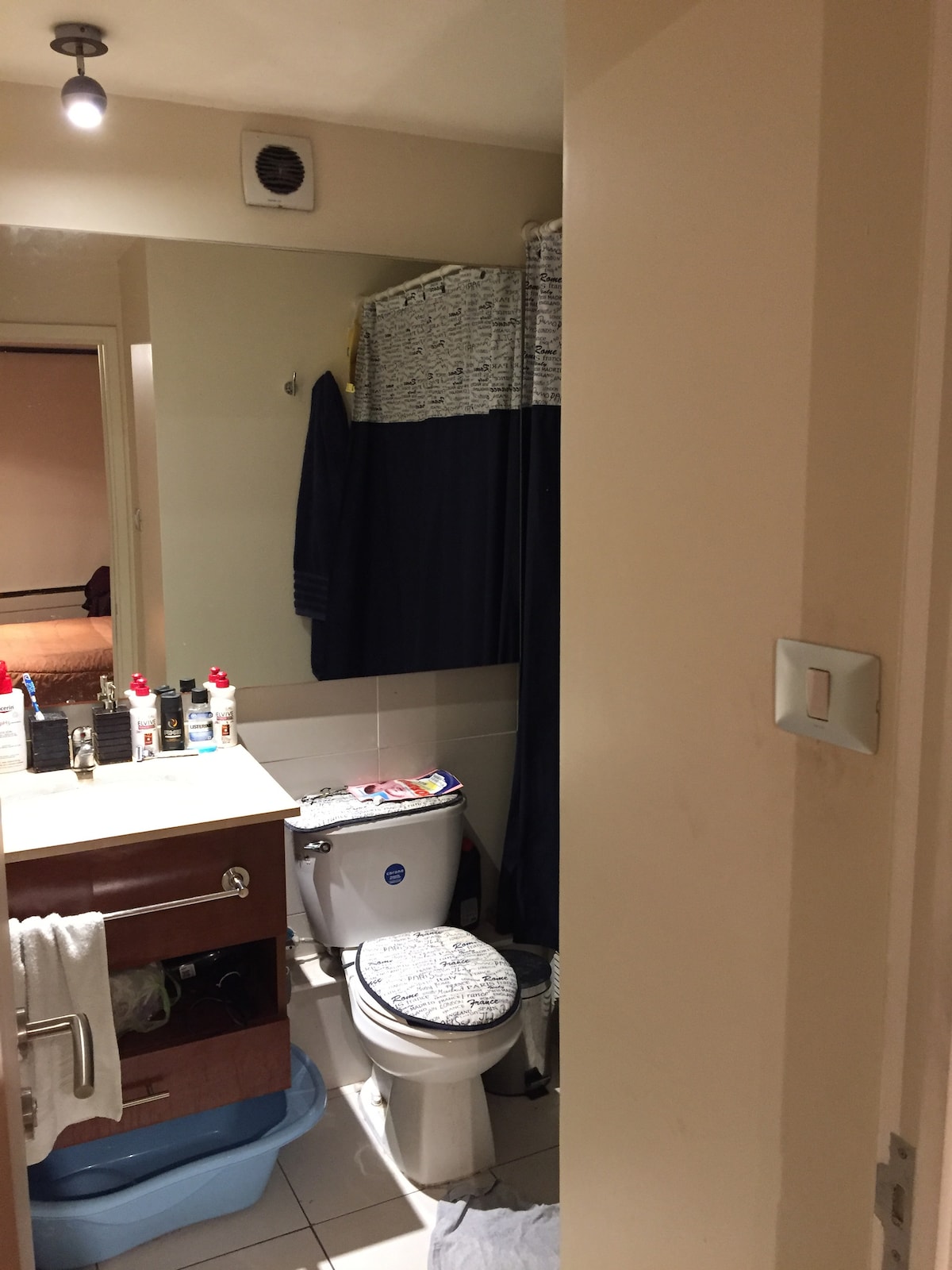 The bathroom features a compact layout with a shower area partially enclosed by a dark curtain. A white sink with a wooden vanity is positioned to one side, while toiletries are neatly arranged on the countertop. A toilet is located opposite, with light neutral tiles creating a clean atmosphere.