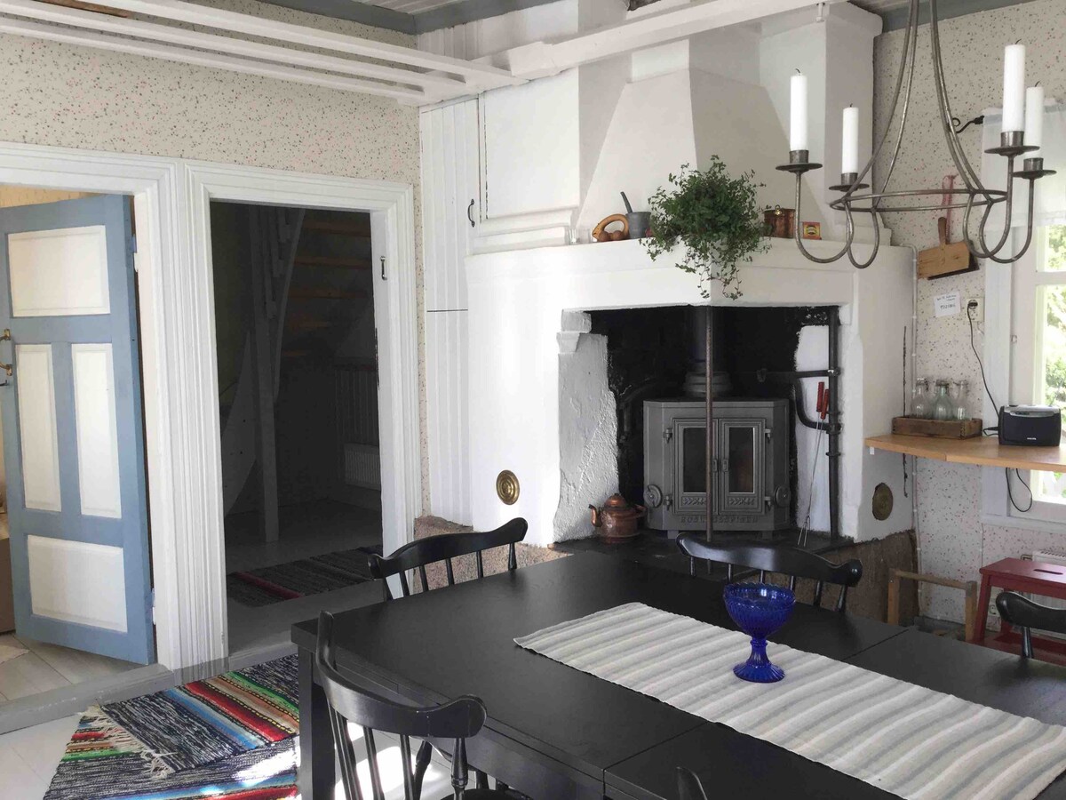 A dining area features a dark wooden table surrounded by black chairs, positioned near a cozy fireplace. A blue glass bowl sits on the table. Bright light enters through nearby windows, enhancing the room's neutral walls and rustic decor.