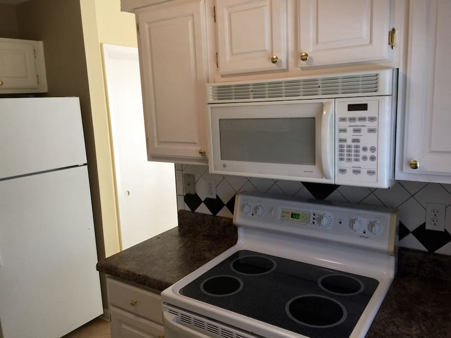 Full kitchen includes full size refrigerator and Stove, Oven, microwave