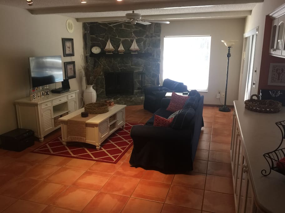 Family room with stone fireplace