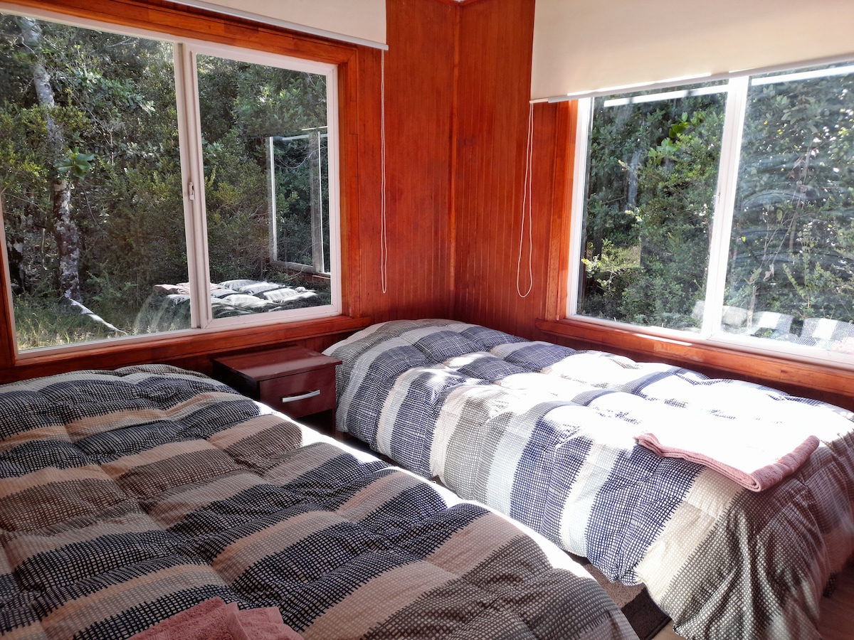 A bright sleeping area features two spacious beds covered with patterned blankets. Natural light floods in through large windows, providing views of the surrounding greenery. A nightstand is positioned between the beds, enhancing the room’s functionality and comfort.