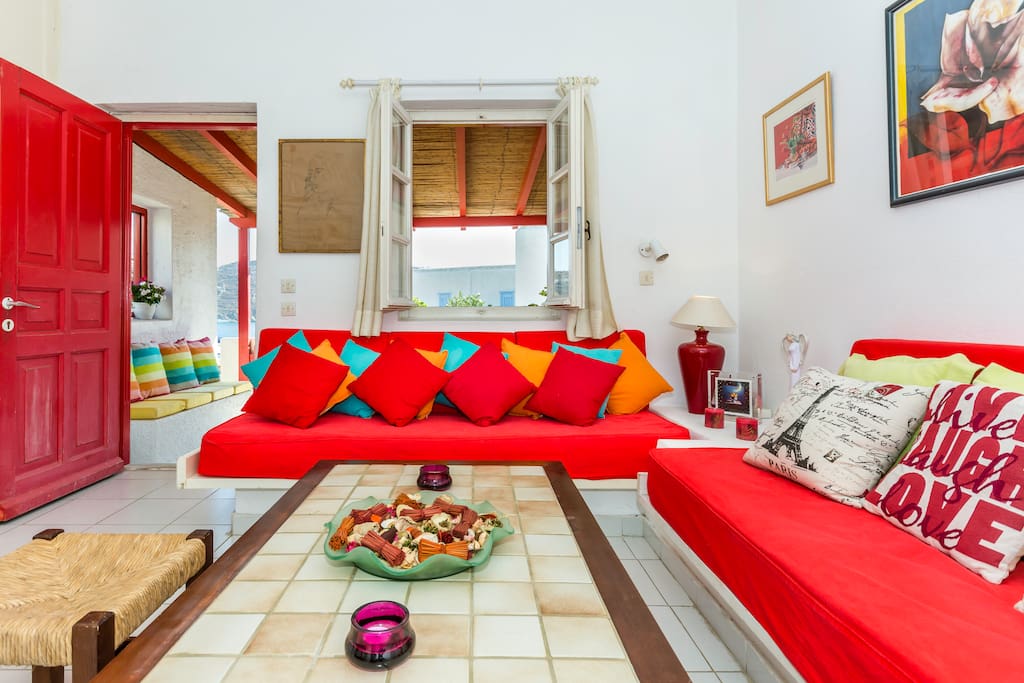 living room with the terrace and panoramic sea front view.