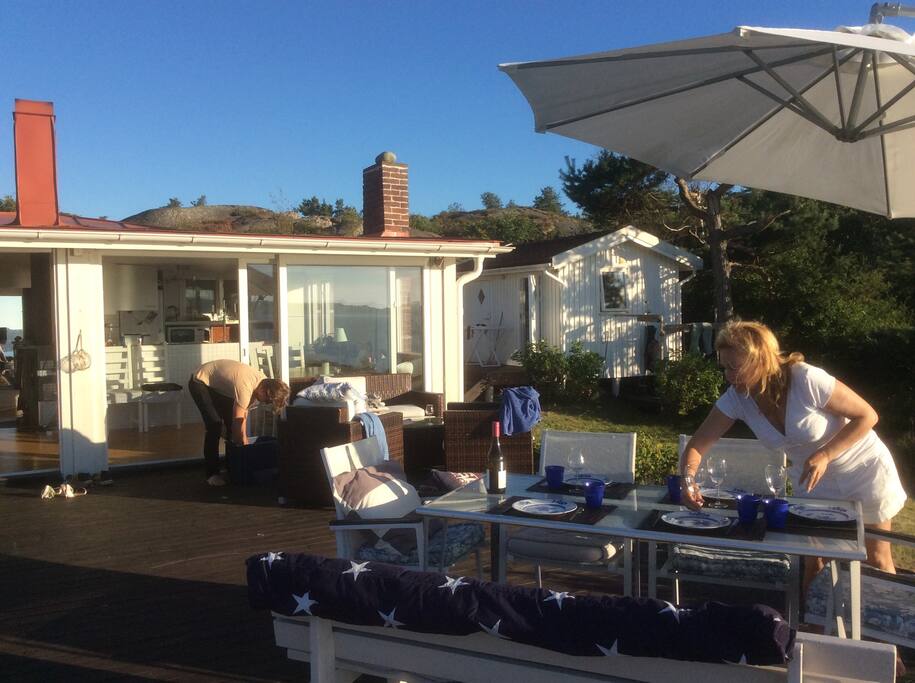 Preparing for sunset dinner on the terass