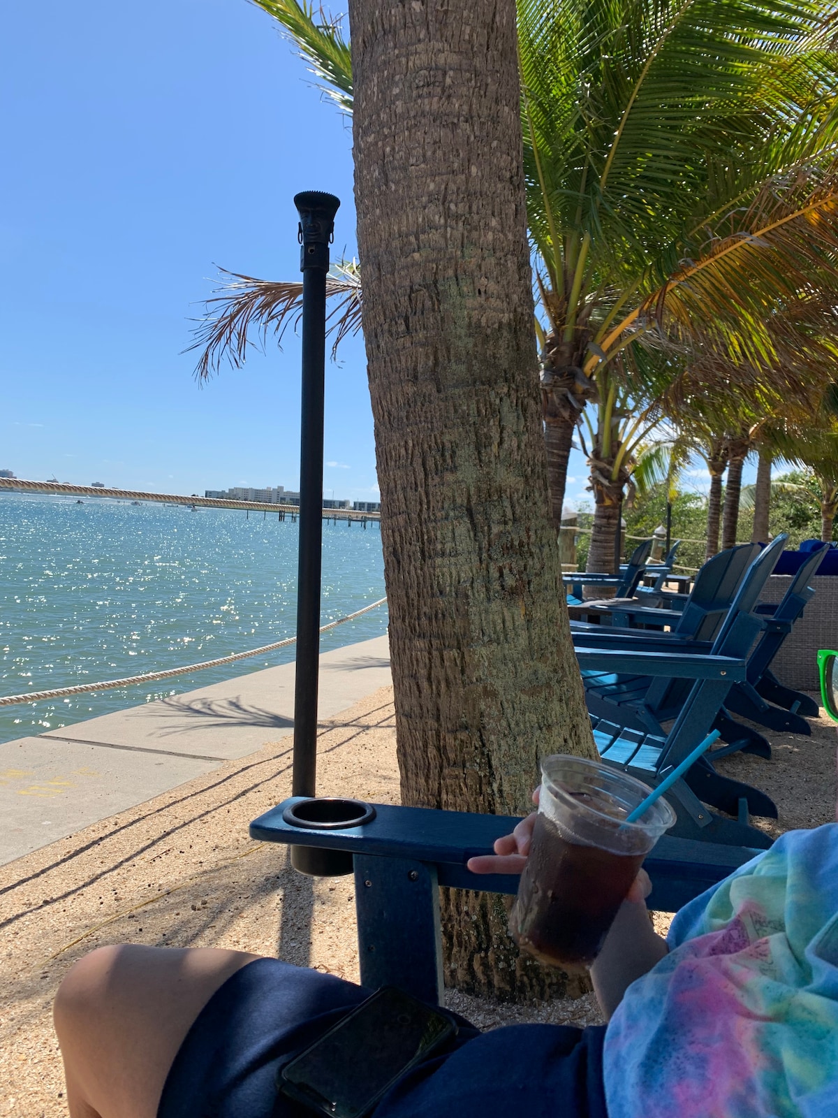 A scenic view of a waterfront area reveals a seating arrangement with blue chairs positioned along the shore. Sunlight reflects off the sparkling water, while palm trees provide shade. A drink is held in hand, suggesting a relaxed atmosphere by the water.