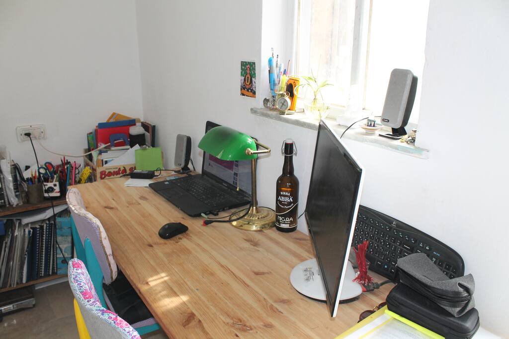 work desk with wide screen